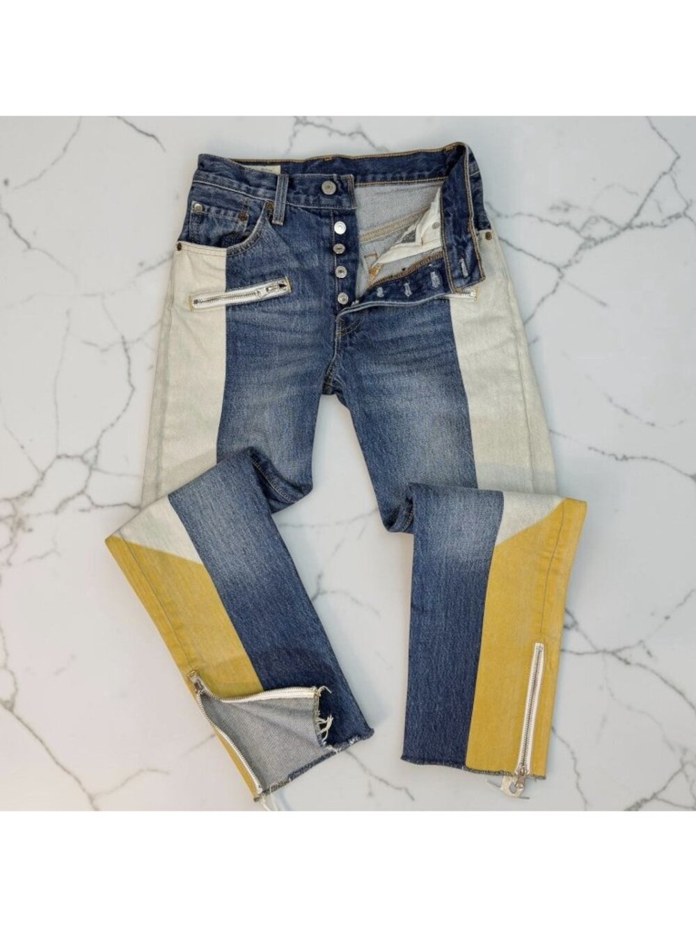 Levis Premium 501 Original Crop Jeans Size 24 Button Fly Color Block Raw Hem Zip